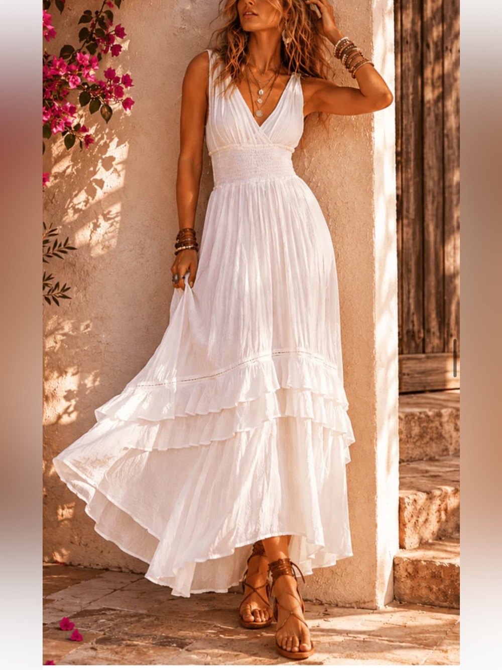 Boho Women’s pompom tassel White V-Neck Maxi Dress size S-M-L